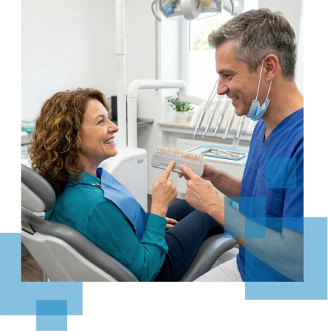 Dentist showing color chart to smiling patient in a modern dental office.