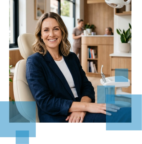 Smiling woman in a blue blazer seated in a dental office, with a bright interior and staff in the background.