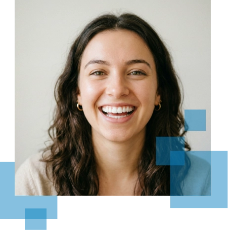 Smiling woman with curly hair, wearing earrings, against a light background with blue graphic elements.